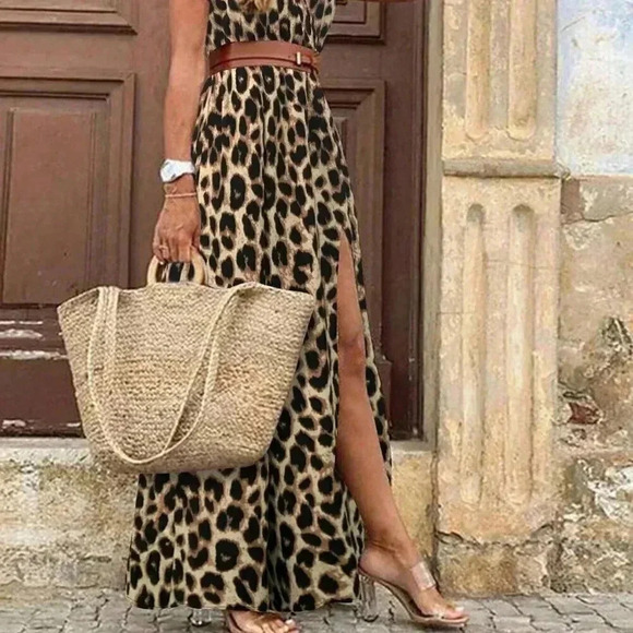 Chocolate Brown Casual Women's Leopard Print Deep V BatwingSleeve Dress - Picture 2 of 5